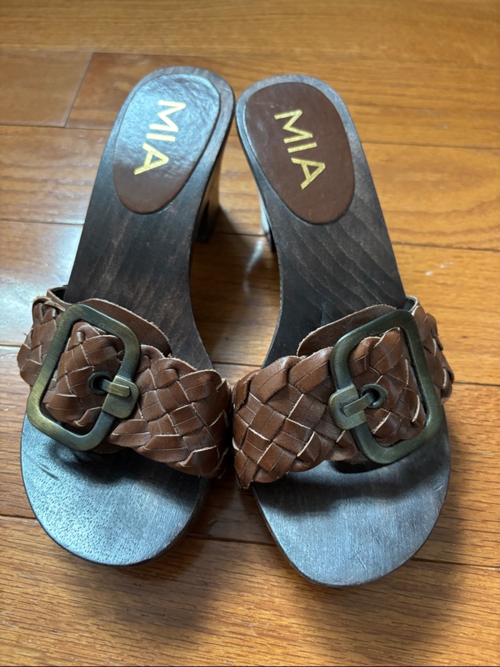 MIA Brown Braided Leather Slide Heels with Buckle